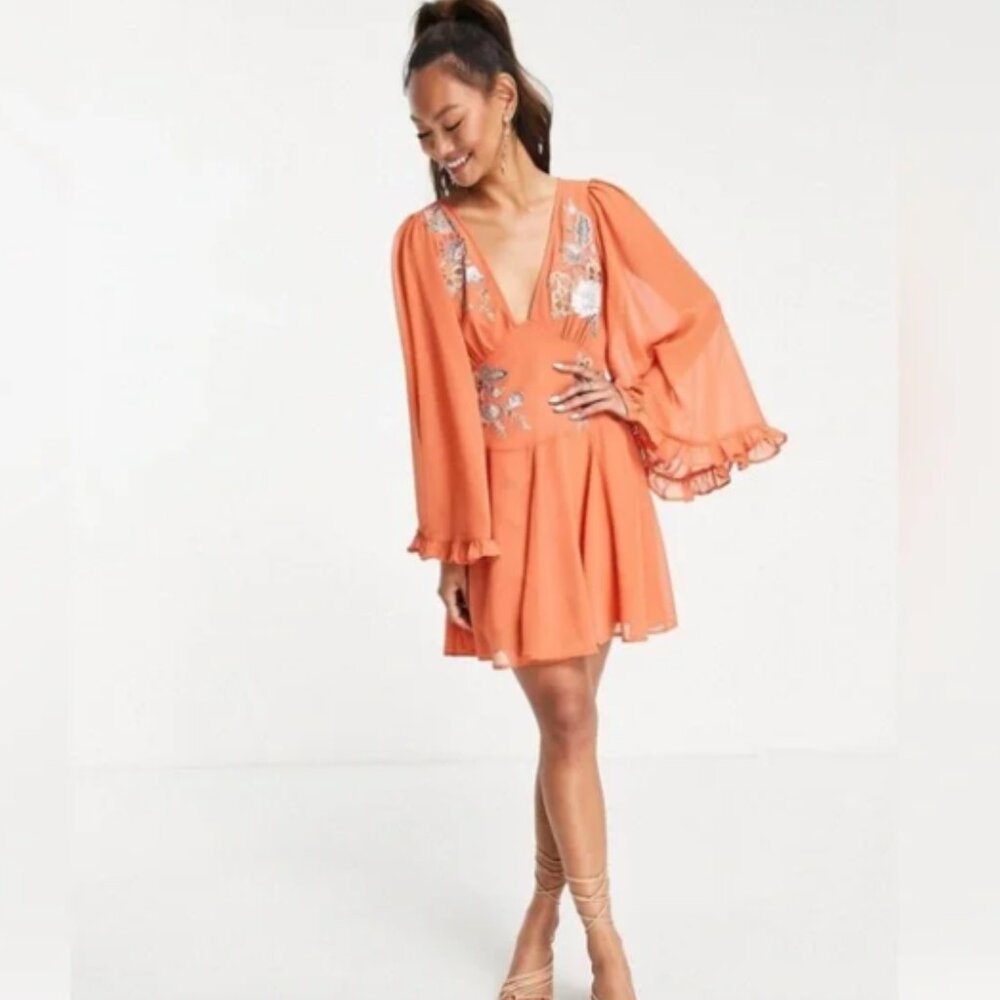 ASOS DESIGN Soft Embroidered Godet Mini Skater Dress with Flared Sleeves in Rust
